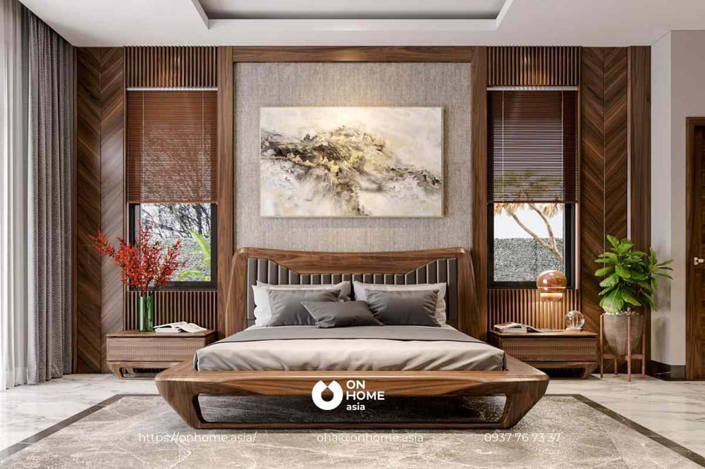 Phòng ngủ thiết kế sang trọng, ấm cúng với chất liệu gỗ Óc Chó