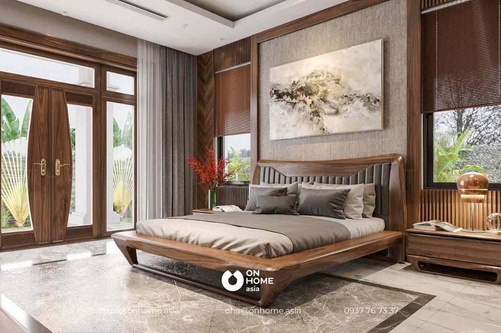 Phòng ngủ gỗ Óc Chó có màu sắc trầm tĩnh, vừa sang trọng vừa tạo cảm giác dễ chịu, an toàn