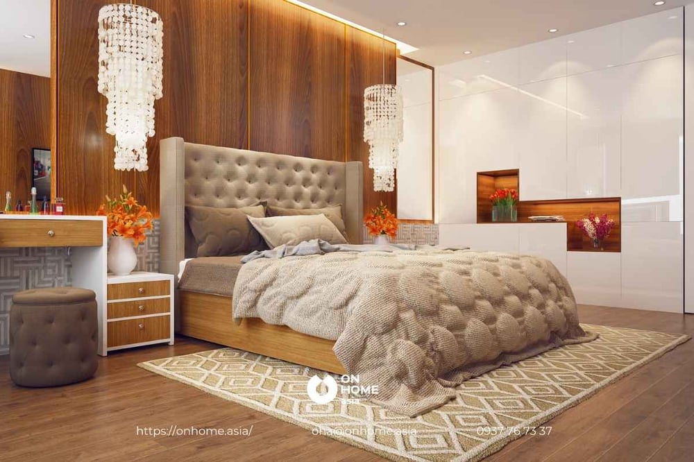 Thiết kế nội thất phòng ngủ gỗ Óc Chó kết hợp chất liệu khác tạo vẻ sang trọng