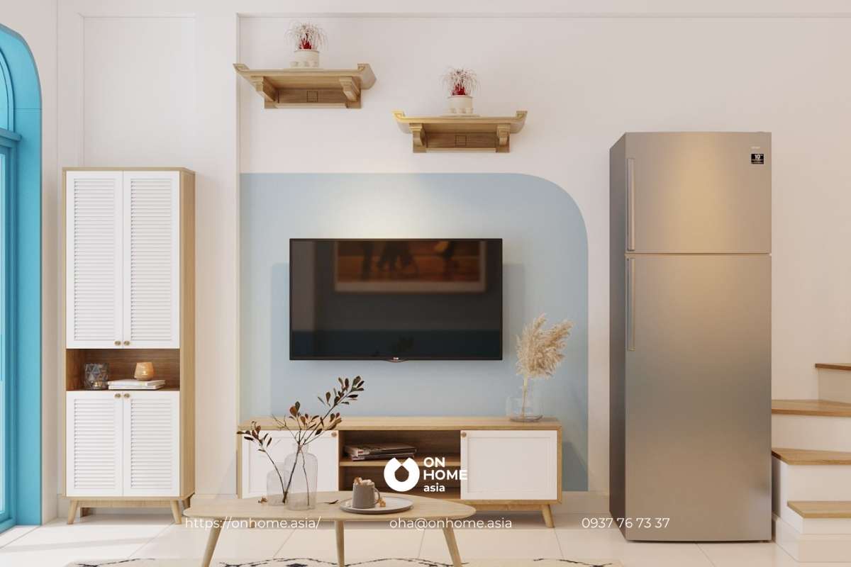 Tủ tivi phòng khách nhà cấp 4 phong cách Địa Trung Hải