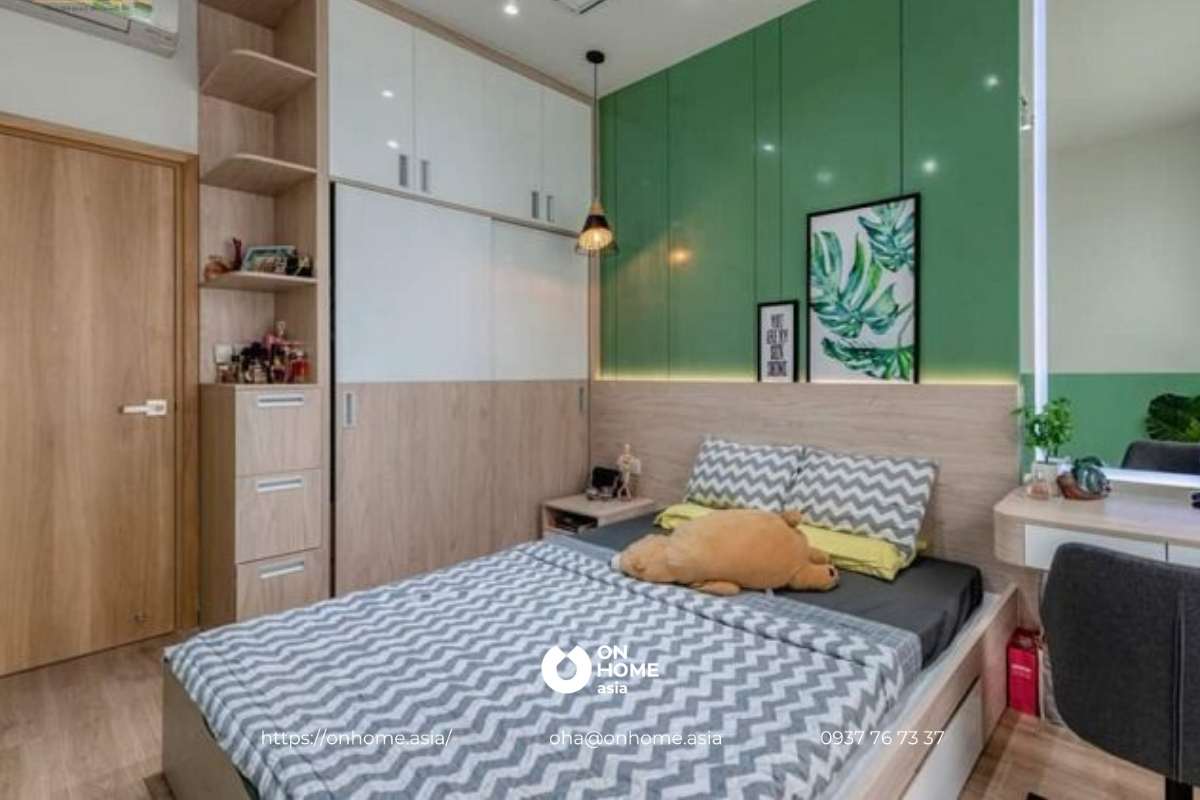 Nội thất phòng ngủ với màu xanh chủ đạo