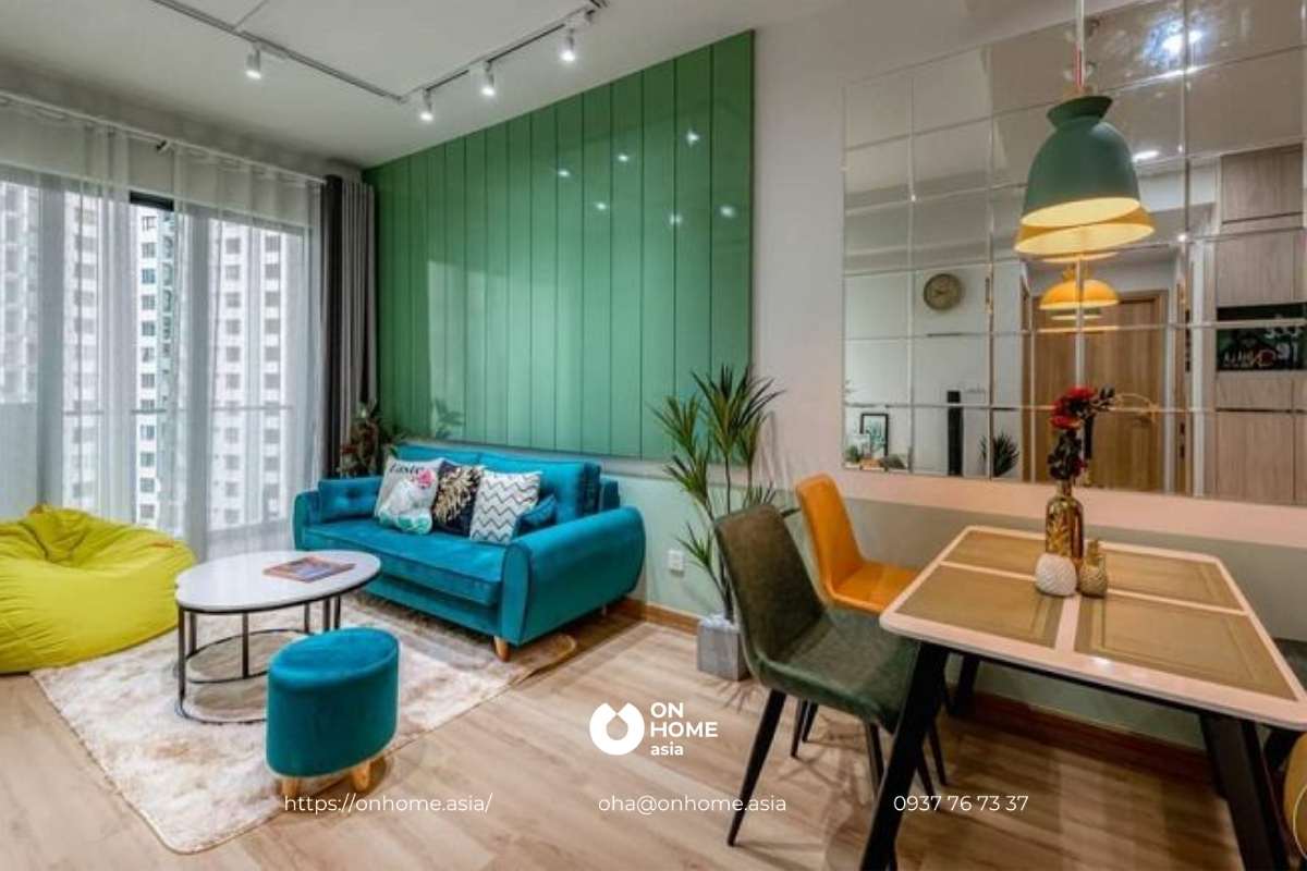 Nội thất phòng khách chung cư với màu xanh đẹp mắt