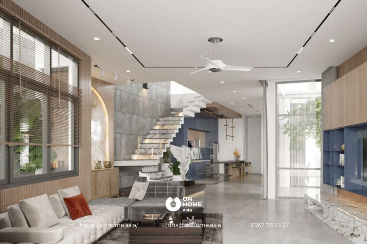 Nội thất phòng khách nhà phố phong cách Địa Trung Hải