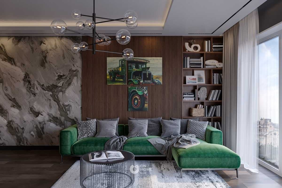 Bộ sofa phòng khách màu xanh lá chất liệu nhung mềm mại