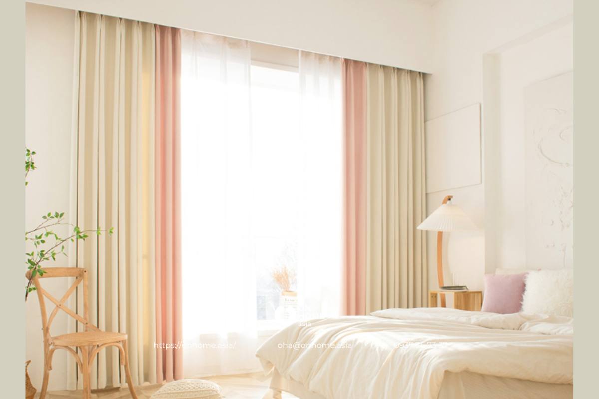 Rèm vải cửa sổ phòng ngủ màu hồng dễ thương