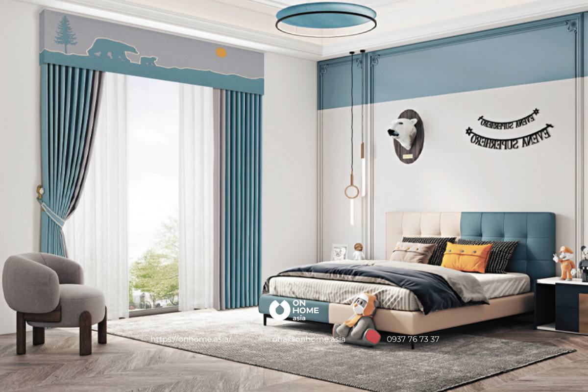 Rèm cửa sổ phòng ngủ màu xanh cực đẹp