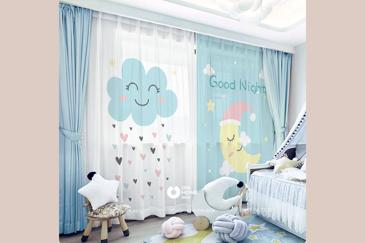 Rèm cửa sổ phòng ngủ bé gái màu xanh dễ thương