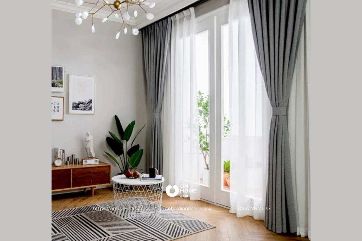 Rèm cửa 2 lớp phòng khách màu xám đẹp