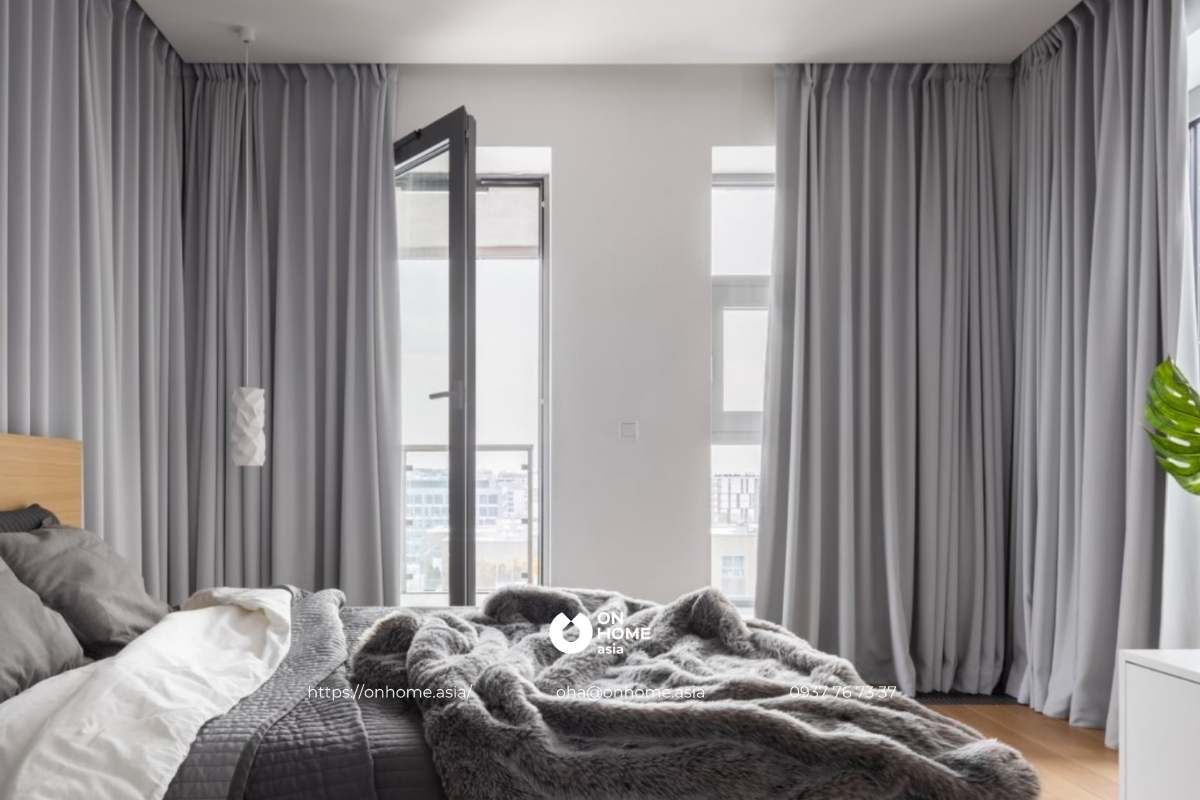 Rèm cửa trang trí phòng ngủ màu xám