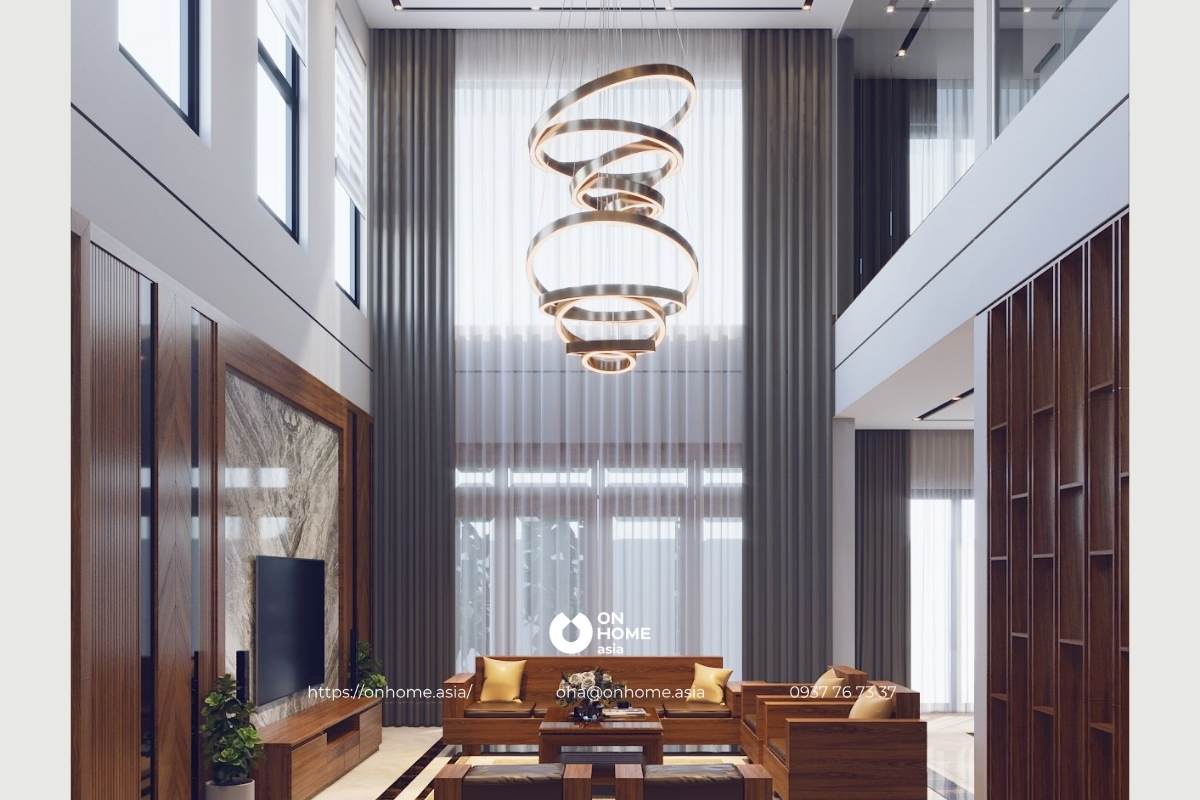 Rèm cửa phòng khách thông tầng sang chảnh