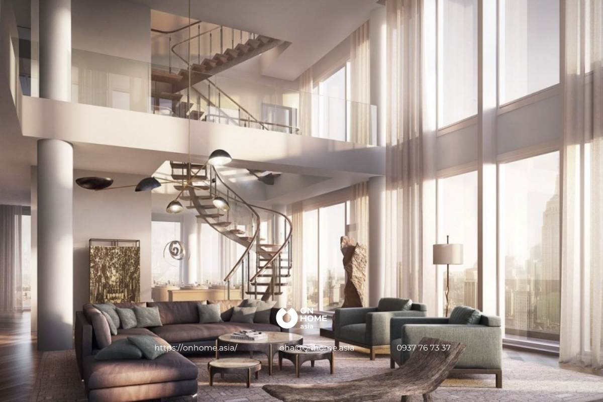 Rèm thông tầng phòng khách màu trắng tinh tế