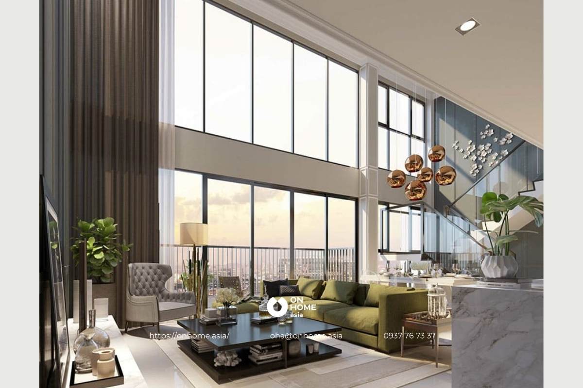 Rèm cửa phòng khách thông tầng đơn giản mà đẹp