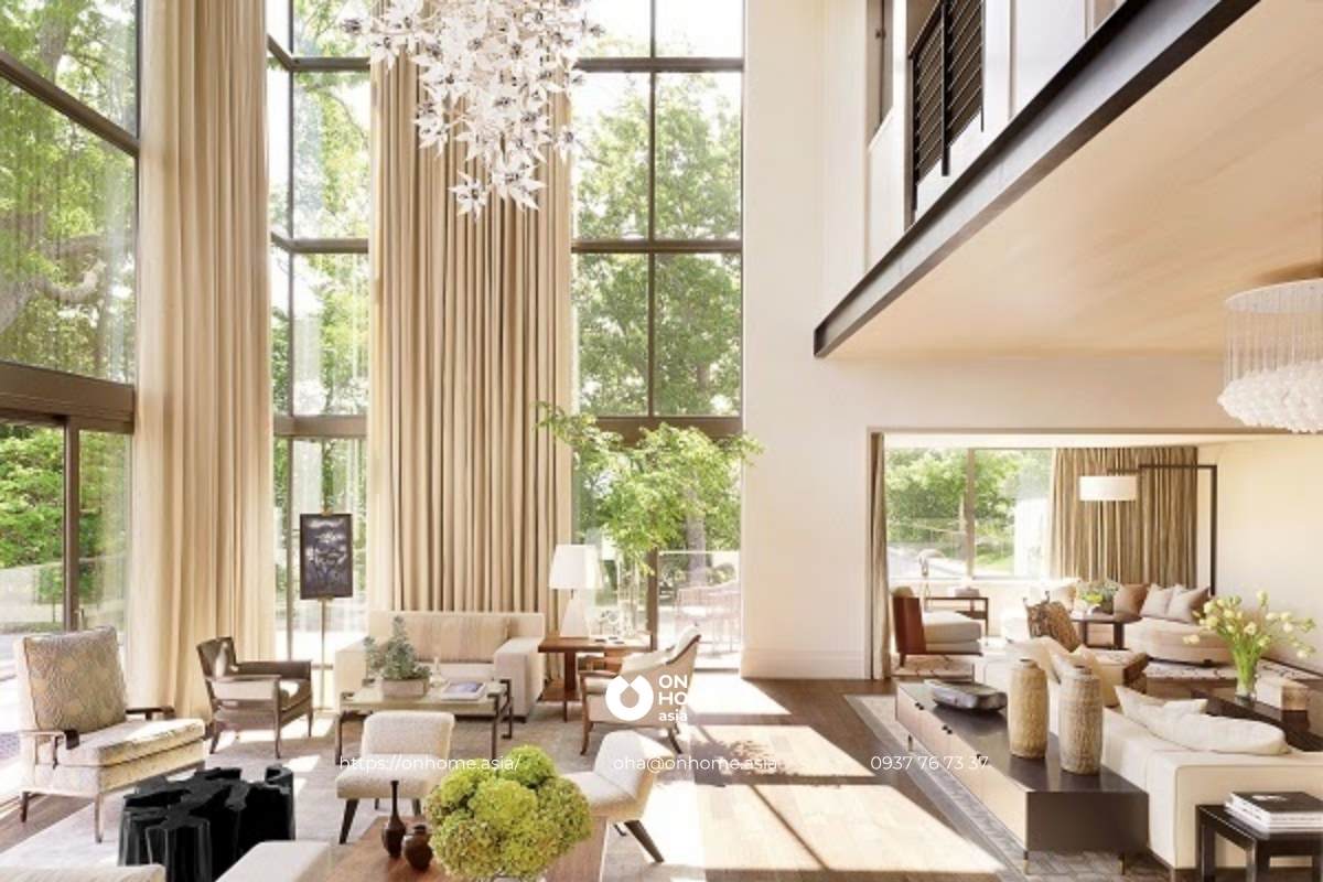 Rèm thông tầng phòng khách màu be đẹp