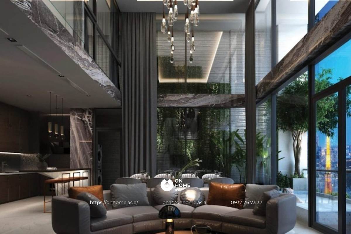 Rèm phòng khách thông tầng hiện đại