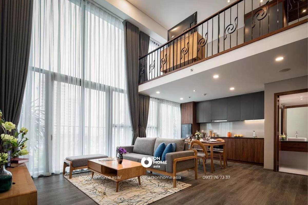 Rèm phòng khách thông tầng hiện đại