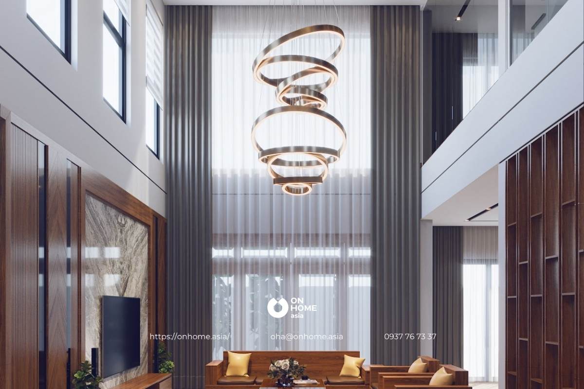 Rèm thông tầng phòng khách đẹp