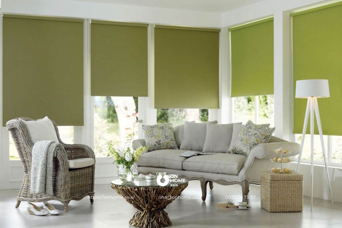 Rèm cuốn phòng khách màu xanh lá đẹp