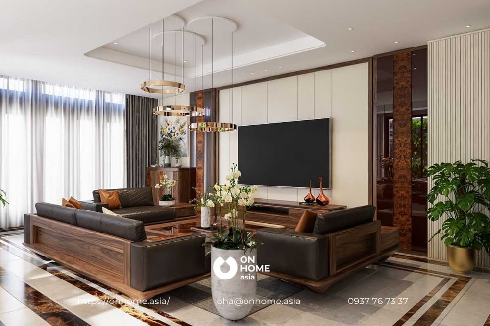 Phòng khách nổi bật với bộ bàn ghế Sofa gỗ Óc Chó thiết kế đặc biệt