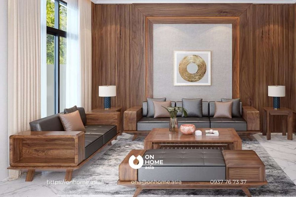 Mẫu Sofa gỗ Óc Chó thiết kế kế hợp hài hòa cùng các vật dụng nội thất khác