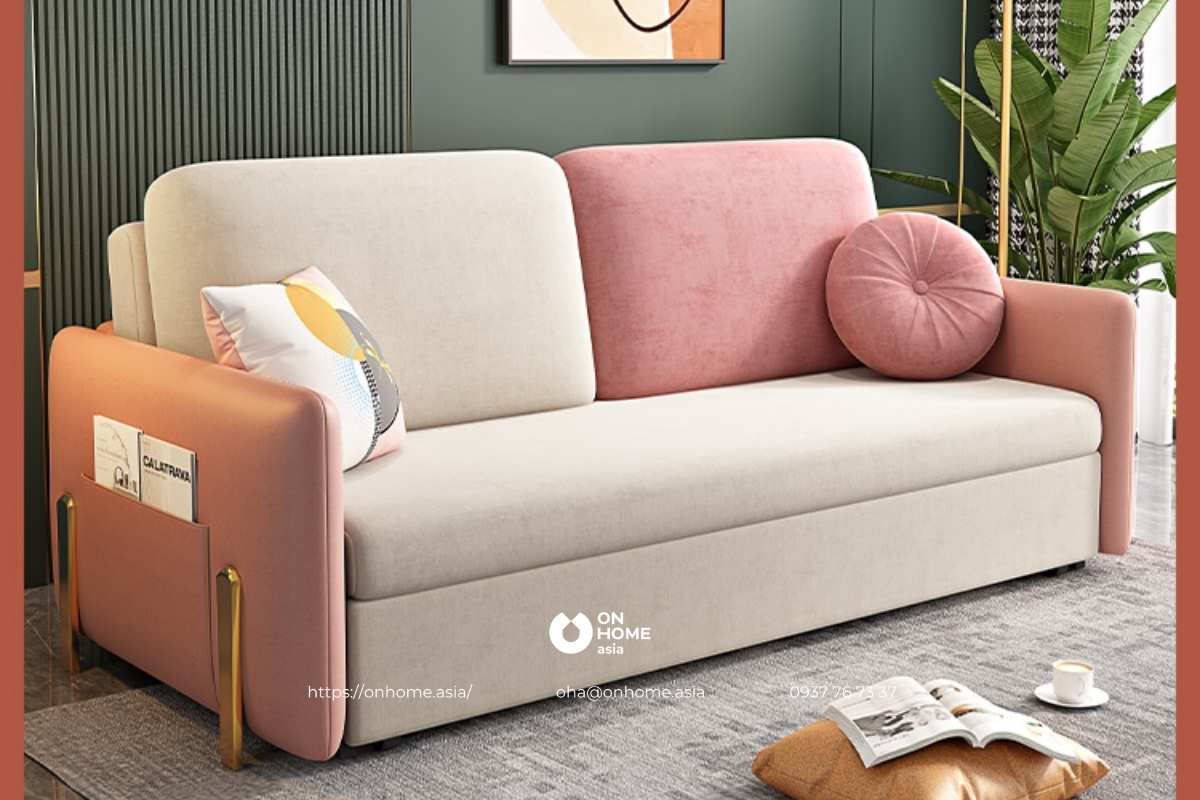 Sofa giường màu hồng kết hợp màu kem đẹp mắt
