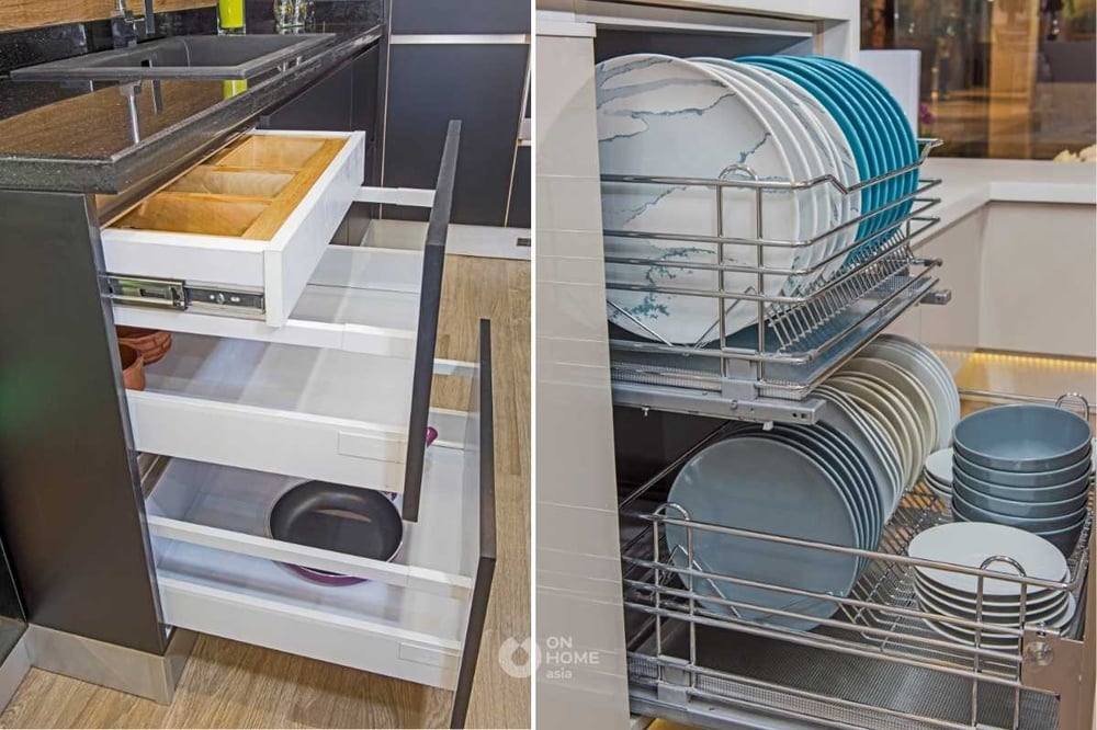 Học tủ có ngăn kéo riêng cho không gian bếp.