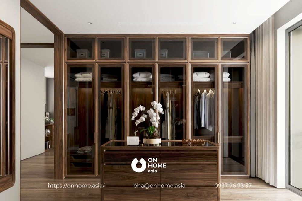Mẫu tủ quần áo gỗ Óc Chó thiết kế thời thượng cho nhà có phòng thay quần áo riêng