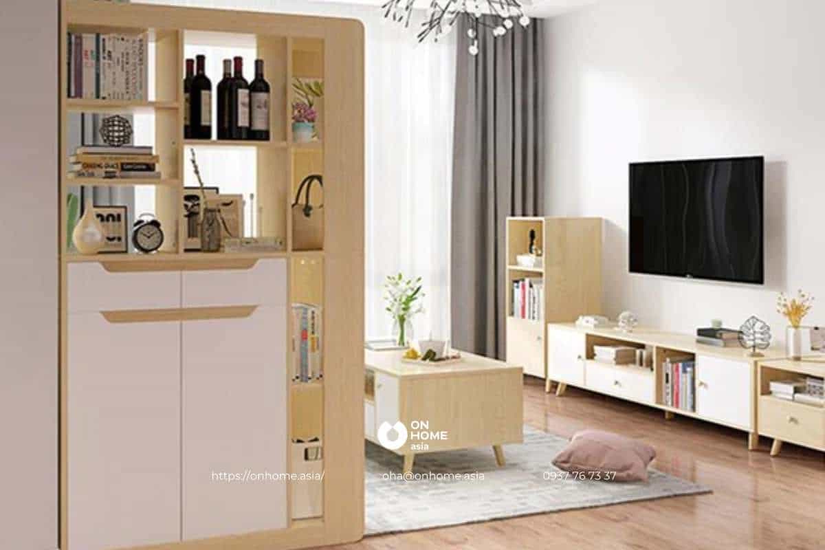 Tủ rượu gỗ công nghiệp kết hợp vách ngăn phòng khách hiện đại