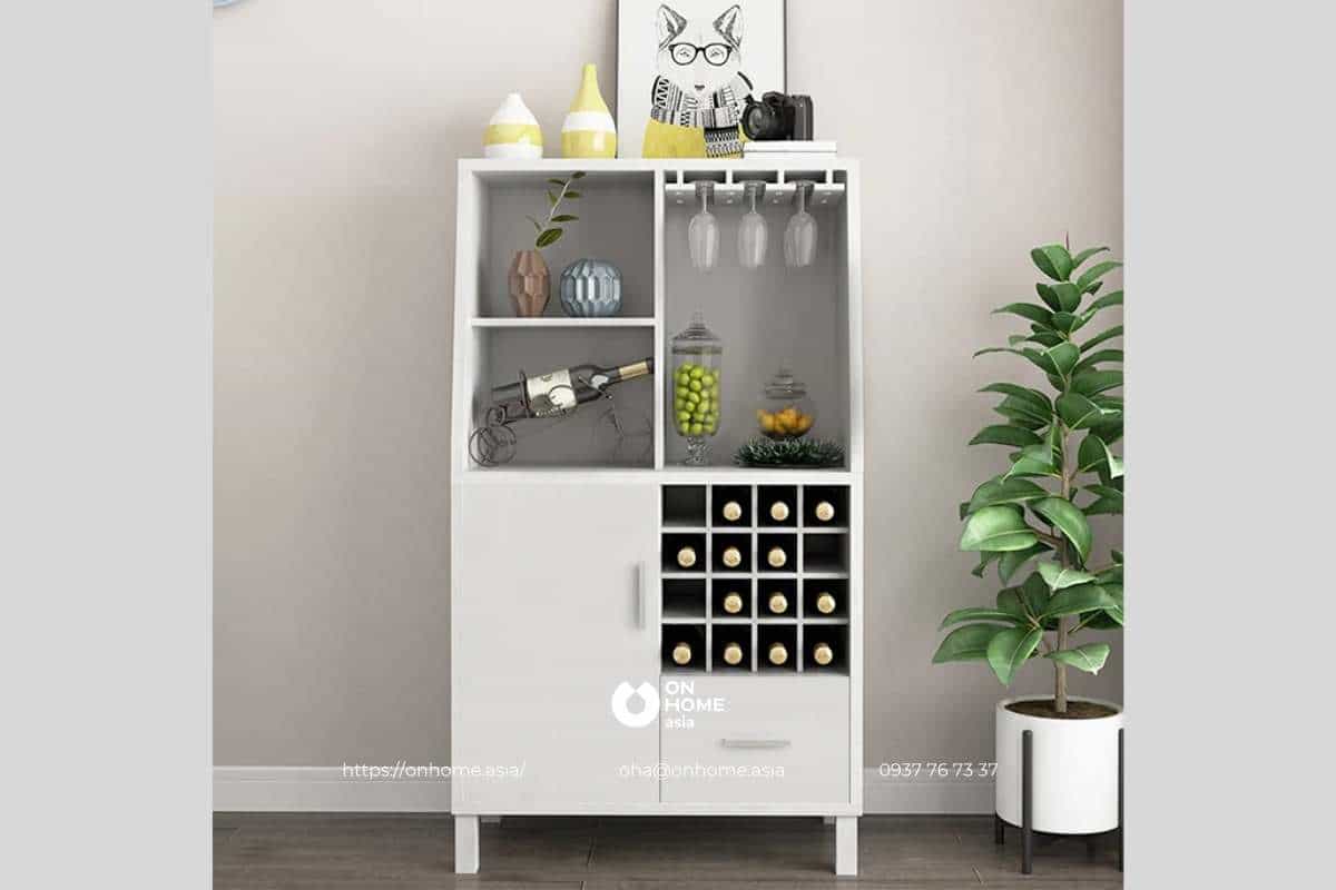 Tủ rượu gỗ công nghiệp đẹp, màu trắng, thiết kế nhỏ gọn