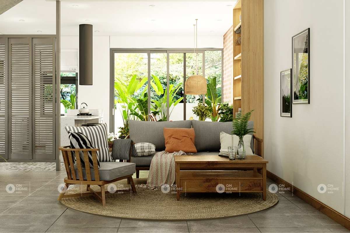 Thiết kế phòng khách nhà phố phong cách Mộc