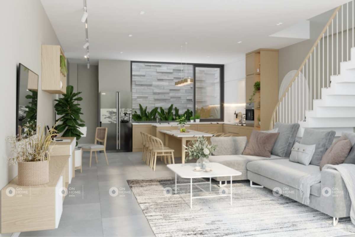 Thiết kế nội thất nhà phố với phòng khách và bếp liền kề nhau