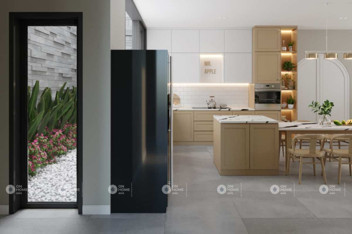 Phòng bếp của nội thất nhà phố 100m2 rộng rãi và thông thoáng