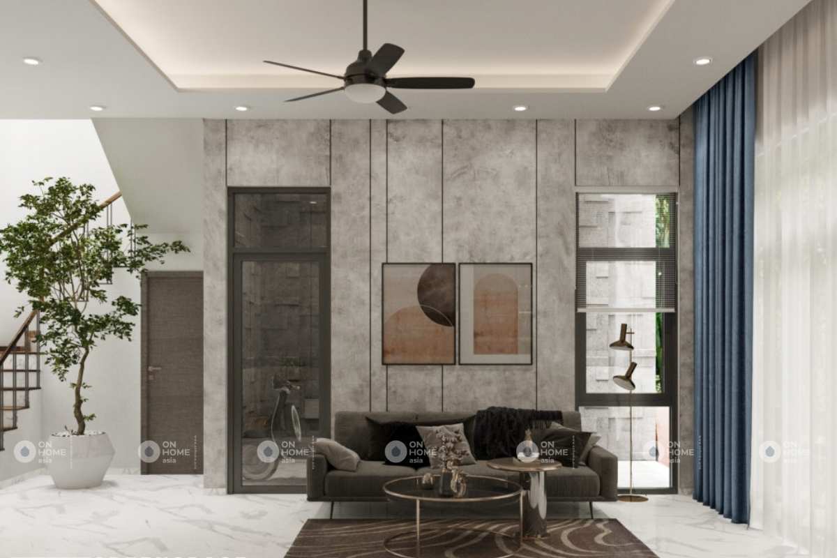 Phòng khách nhà phố 100m2 với sắc xám cá tính