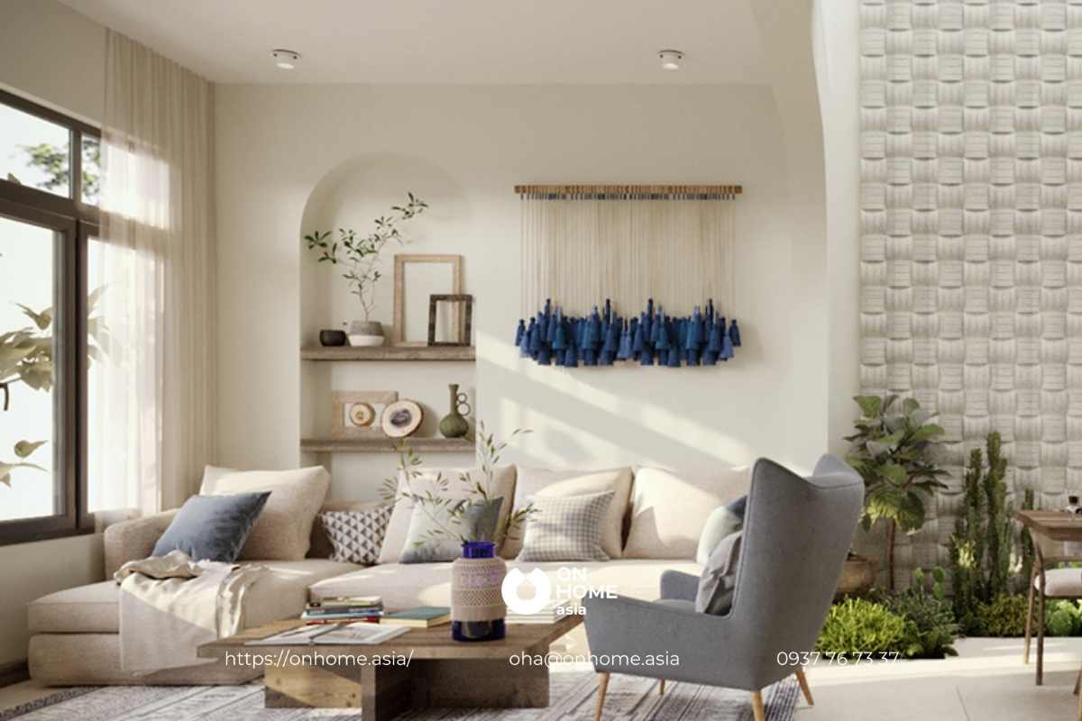 Phòng khách nhà phố phong cách Địa Trung Hải