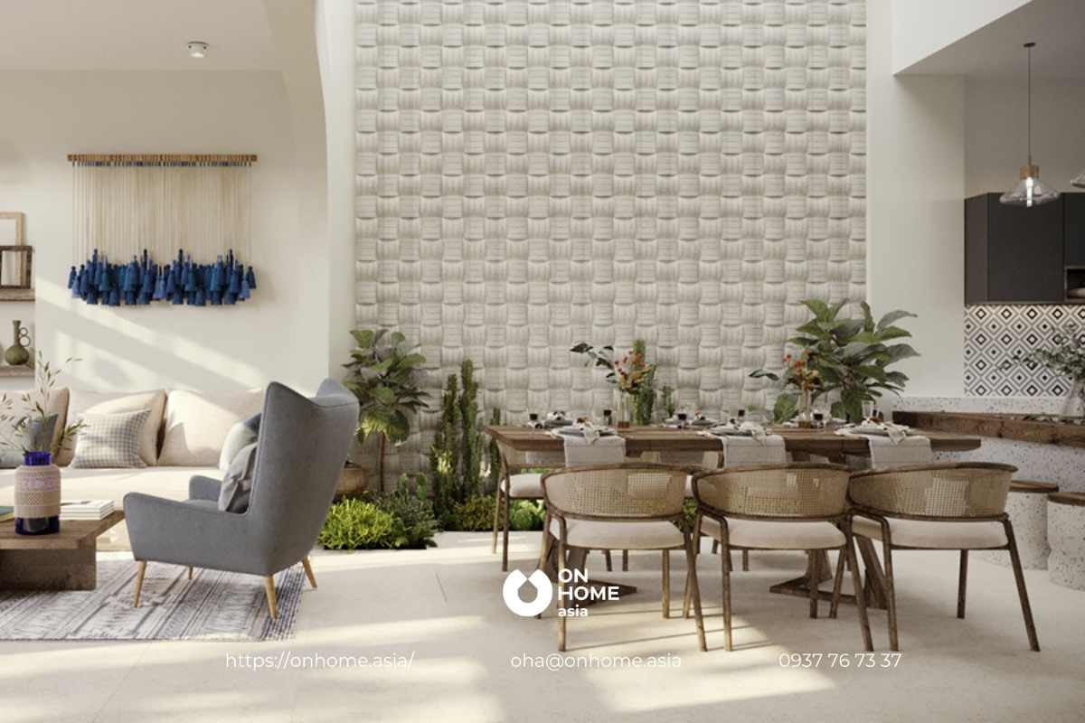 Phòng khách liền bếp nhà phố phong cách Địa Trung Hải