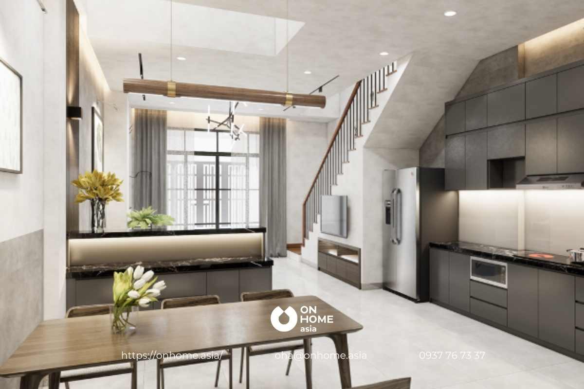 Thiết kế thi công nội thất phòng bếp nhà phố với nội thất hiện đại, tiên nghi