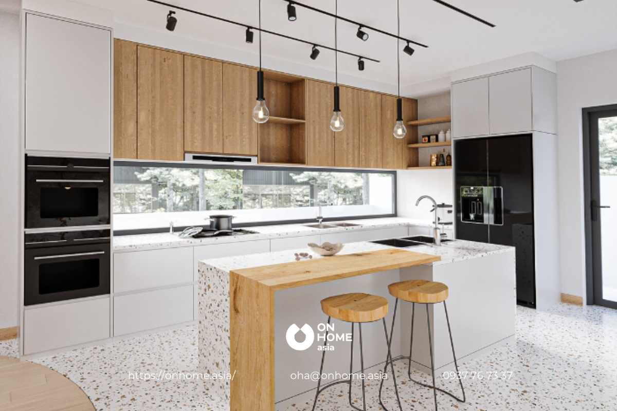 Thiết kế phòng bếp với màu trắng và nâu đẹp