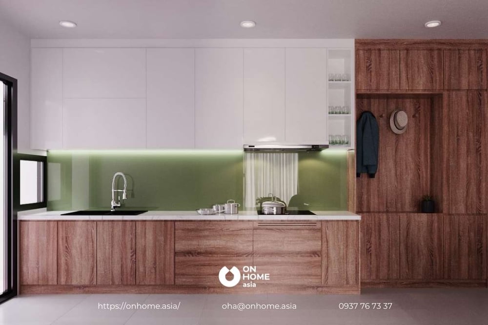 Thiết kế phòng bếp hiện đại với tủ kích trần.
