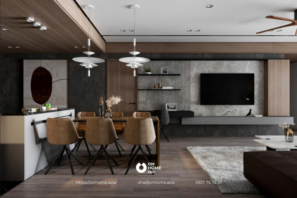 Không gian phòng khách liền kề với phòng bếp tạo sự gắn kết hoàn hảo nhưng vẫn có sự phân chia rõ ràng bởi cách sử dụng màu chủ đạo khác nhau