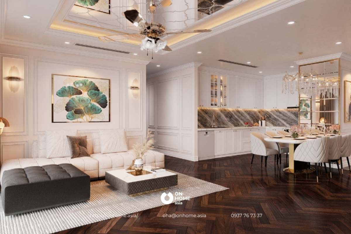 Thiết kế nội thất phòng khách căn hộ Tân Cổ Điển đẹp