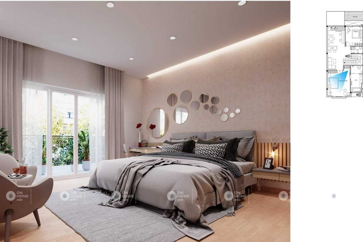 Phòng ngủ master của thiết kế nội thất nhà ống 2 tầng hiện đại
