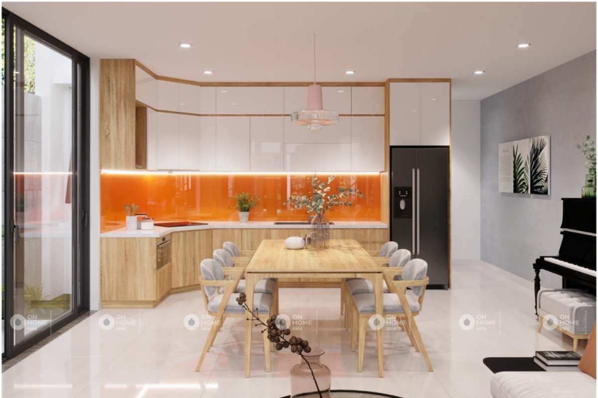Thiết kế phòng bếp nhà cấp 4 với sắc cam