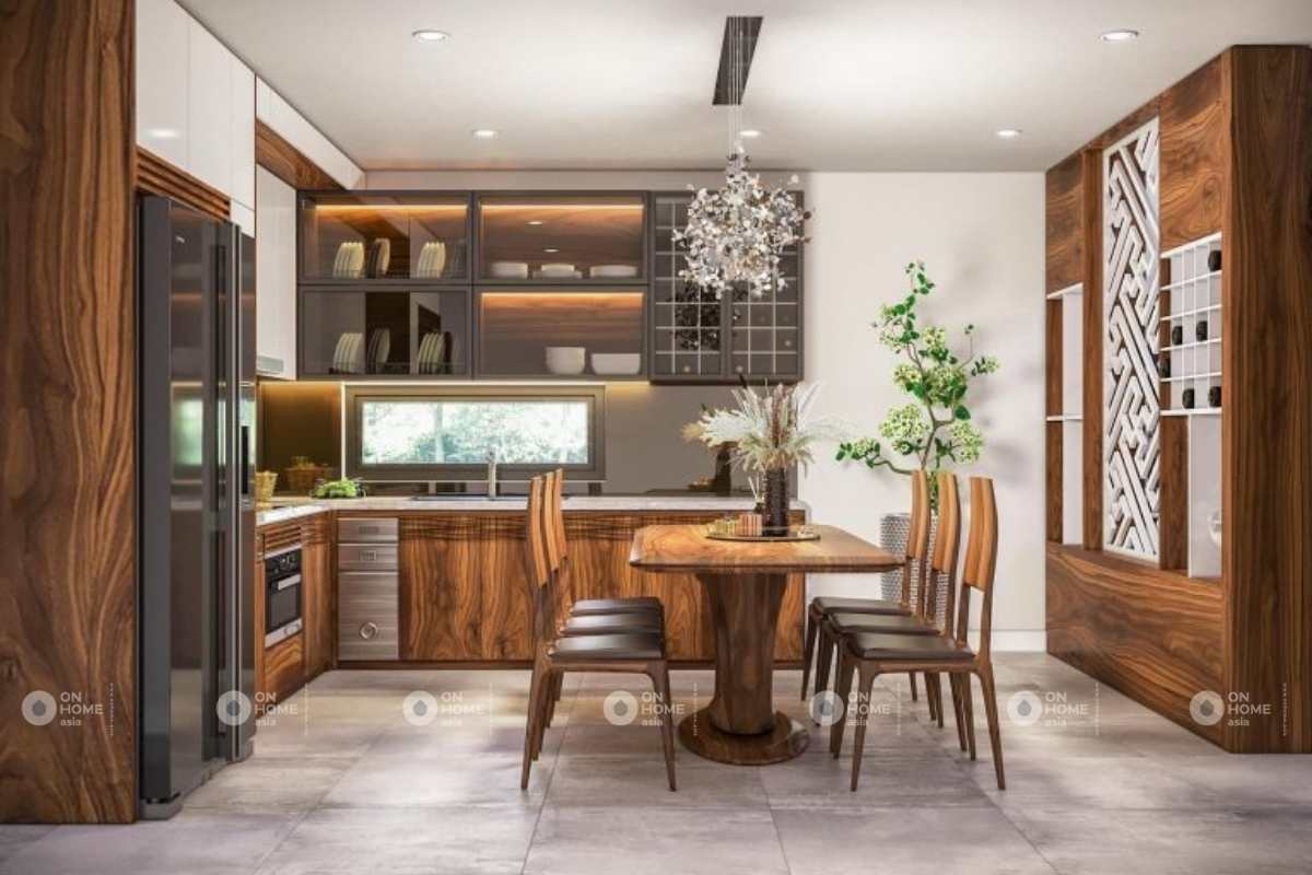 Thiết kế phòng bếp gỗ nhà cấp 4 đẹp