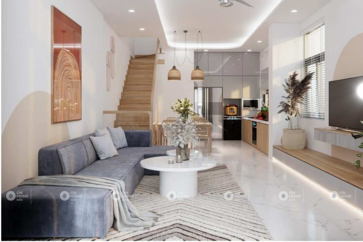 Phòng khách nhà phố với gam màu tươi trẻ