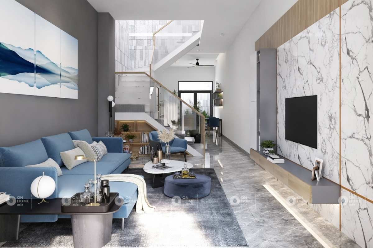 Nội thất phòng khách nhà phố với sắc xanh bắt mắt