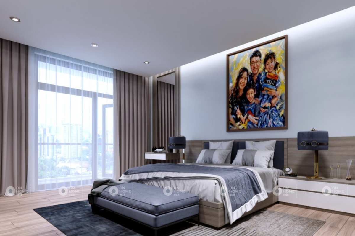 Phòng ngủ master hiện đại với màu trung tính thời thượng