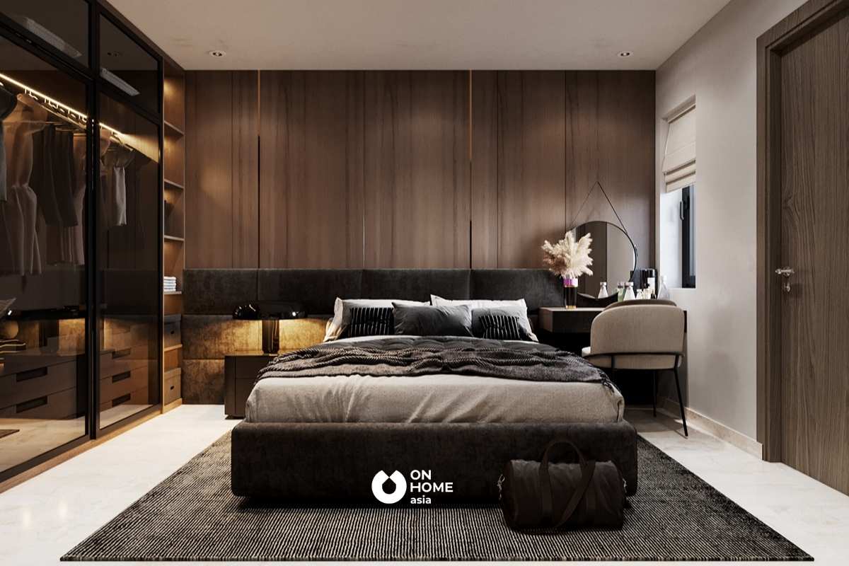 Phòng ngủ vợ chồng được thiết kế với tông màu nhẹ nhàng, trầm ấm