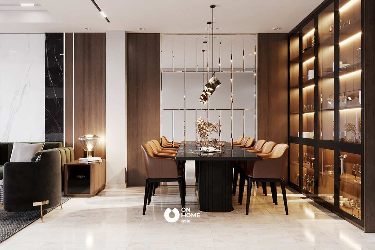 Nhà phố có bàn ăn được thiết kế liền kề với khu vực phòng khách