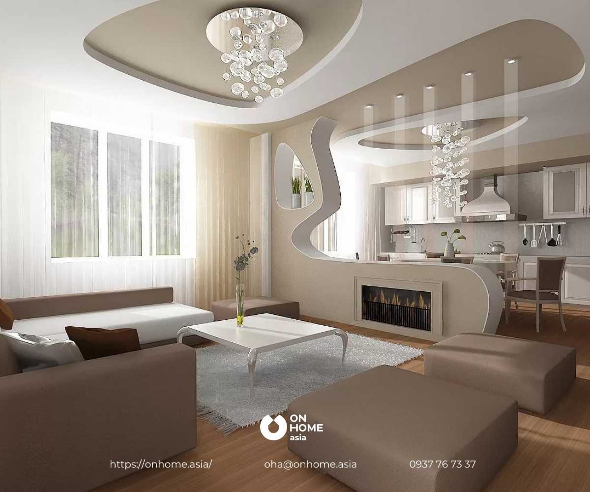 Mẫu trần thạch cao phòng khách liền bếp thiết kế giật cấp