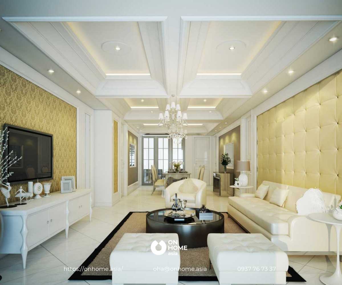 Mẫu trần thạch cao phòng khách liền bếp đẹp, hiện đại