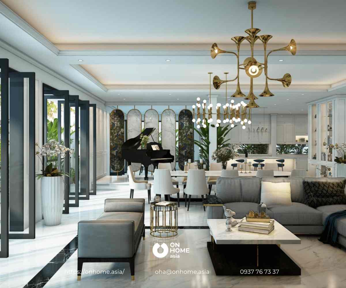 Mẫu trần thạch cao phòng khách liền bếp sang trọng